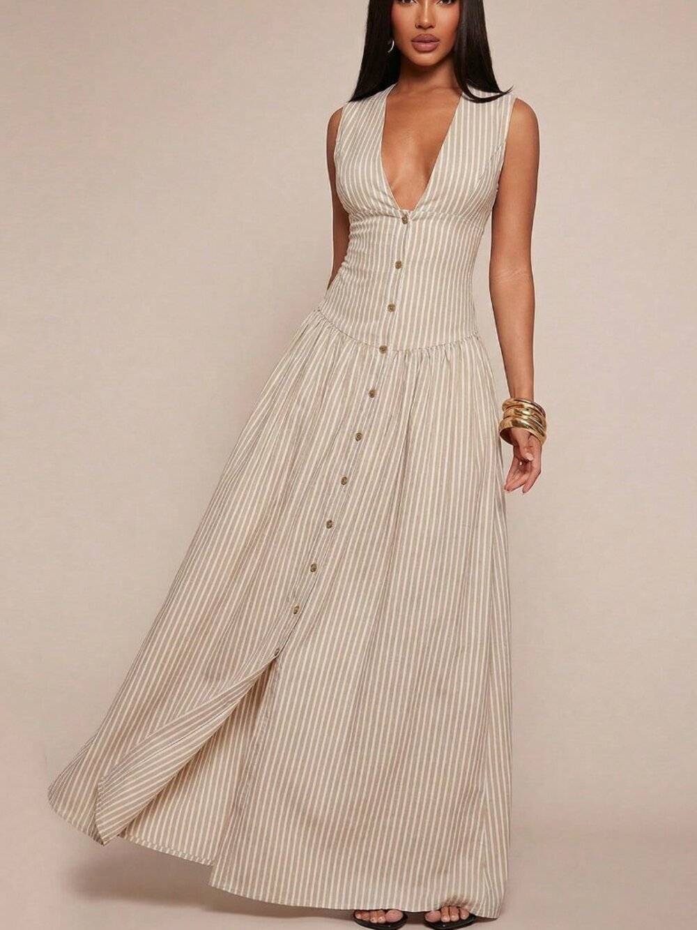 Casual Women's V-Neck Sleeveless Stripe Cinched Waist Long Dress